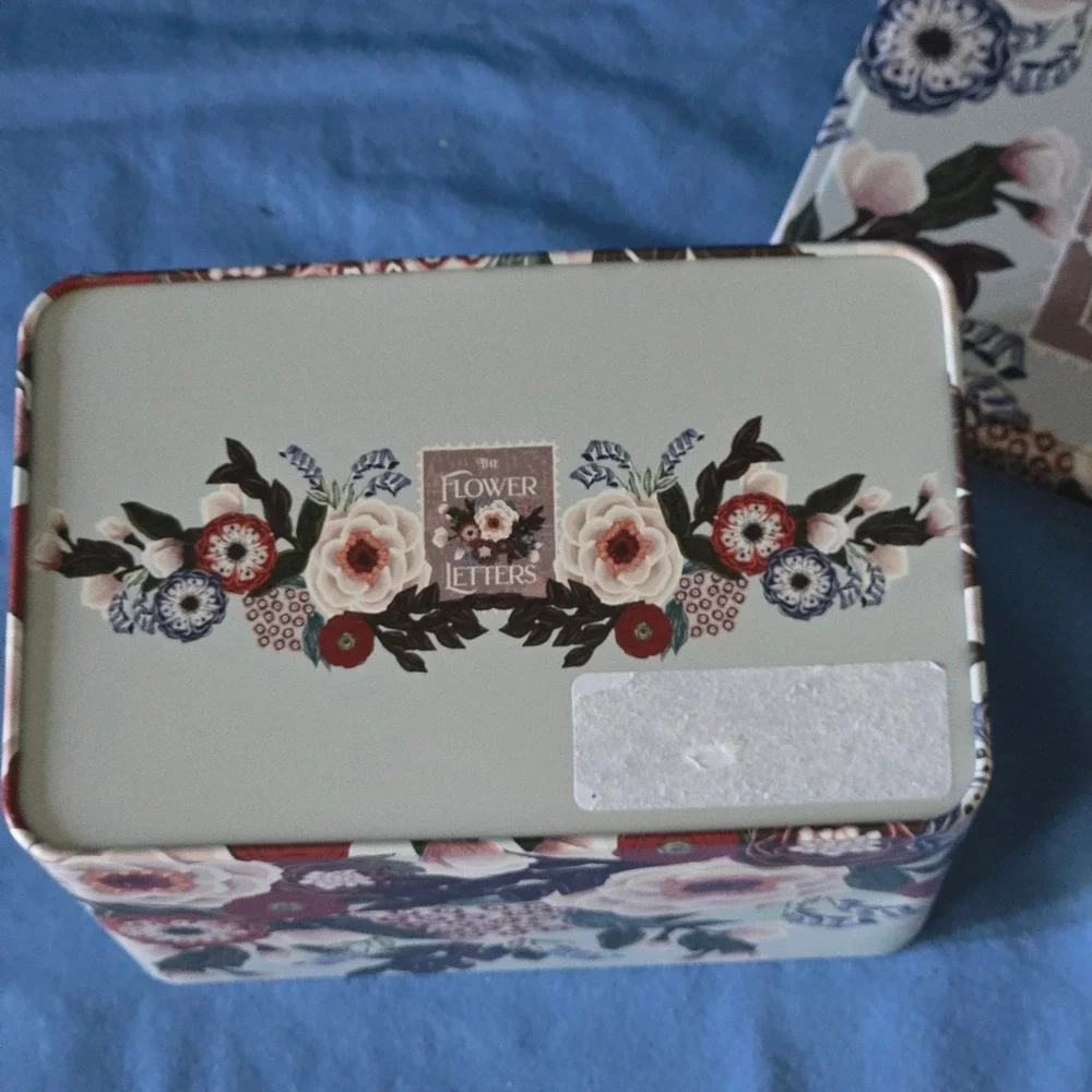 The Flower Letter Floral Botanical Decorative Storage Tin Box Sage Green Vintage